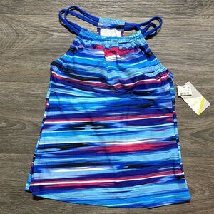 Go Gossip Blue Multi-Color Striped Tankini Swim Top Size Small Double Strap NEW